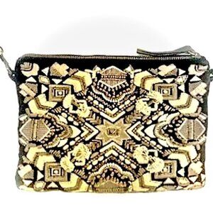 Lucky Brand Suede Crossbody Bag Clutch Embroidered Tapestry Black Suede